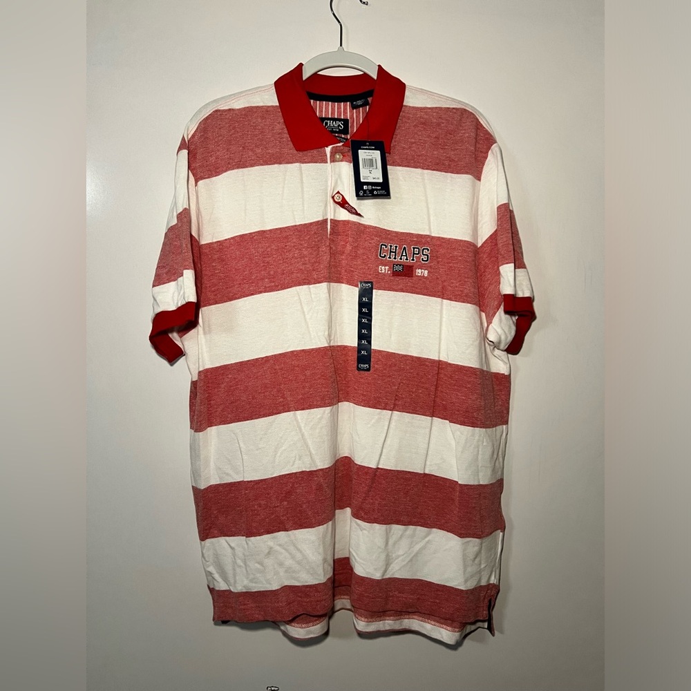 CHAPS MEN’S RED & WHITE STRIPED POLO, SIZE XL, NWT
